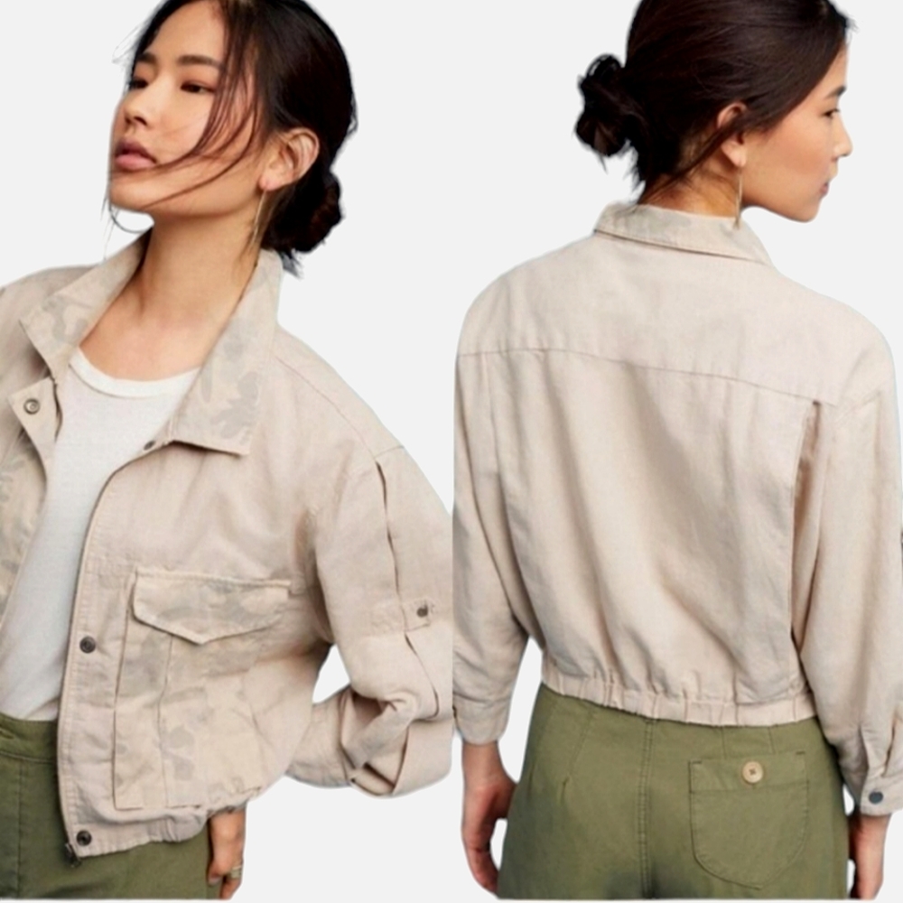 Anthropologie Nwt Hei Hei Cropped Longsleeve Taupe Button Front Camo Jacket